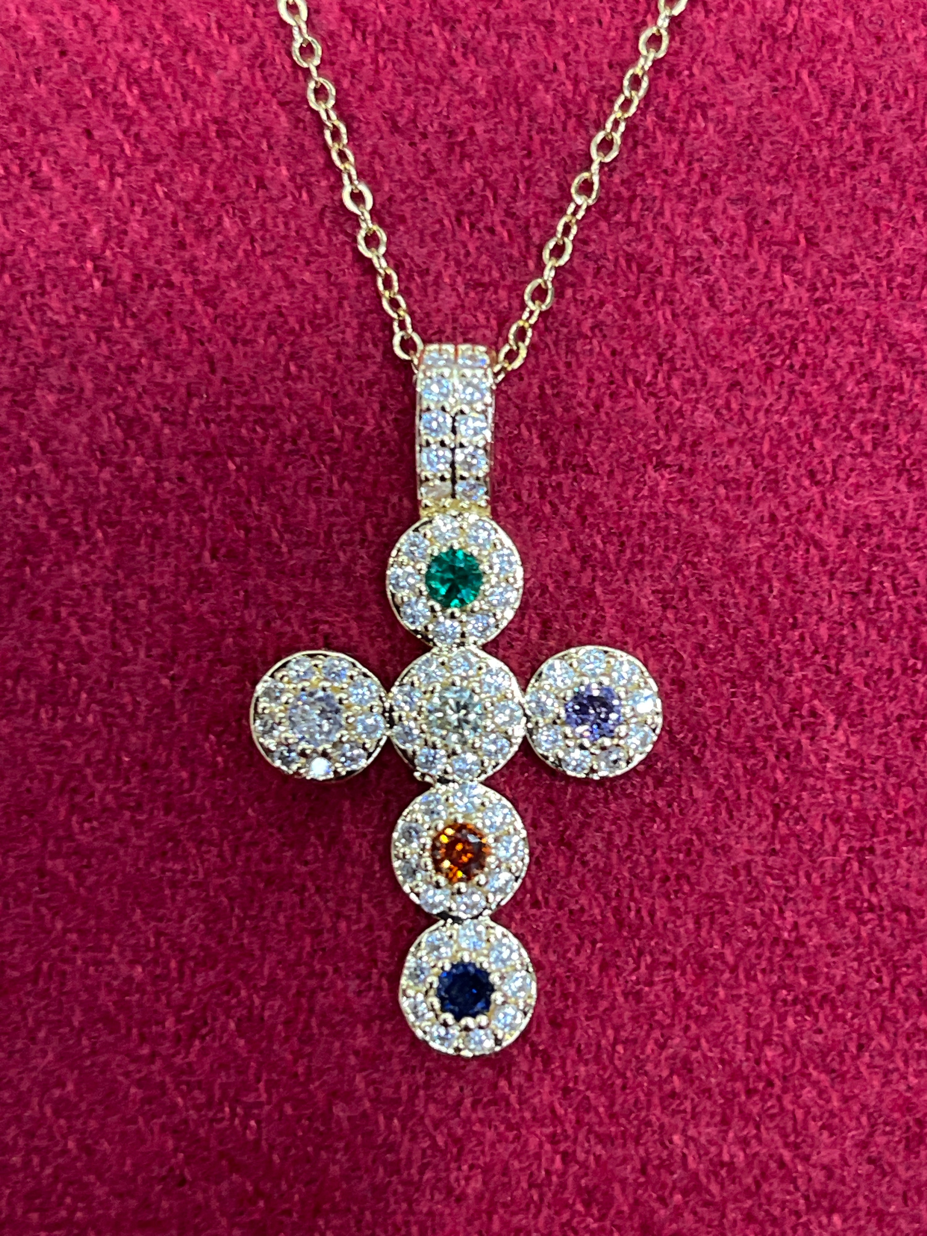 Bijoux Collana Dorata con Croce e Pietre Colorate